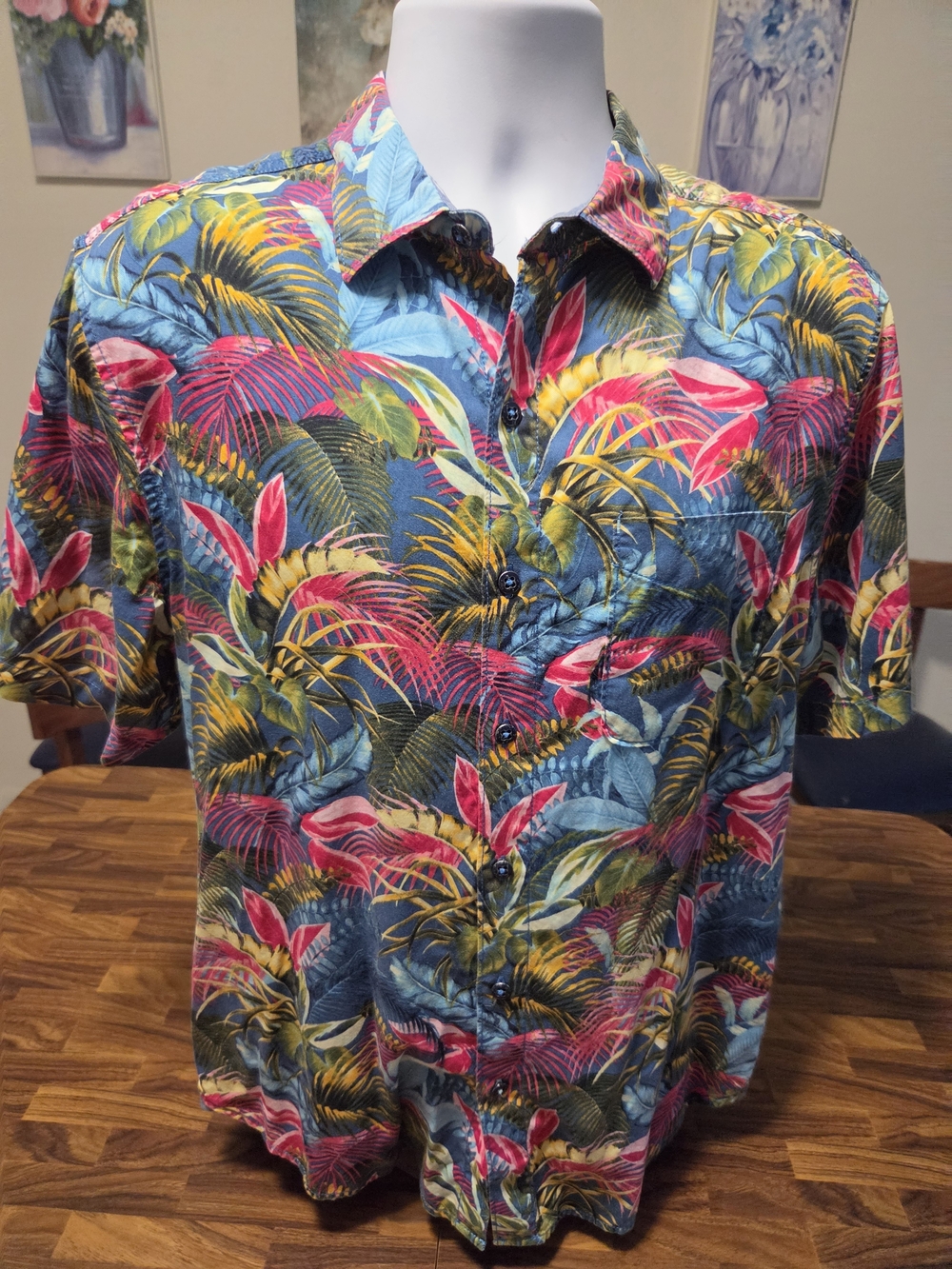 Tommy Bahama Men M 100% Linen Tropical Palm Fuego Button Short Sleeve Shirt Blue - Picture 1 of 7
